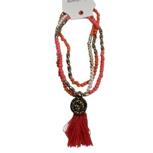261B074 Vintage Orange, Gold, & Pearl Tassel Bracelet